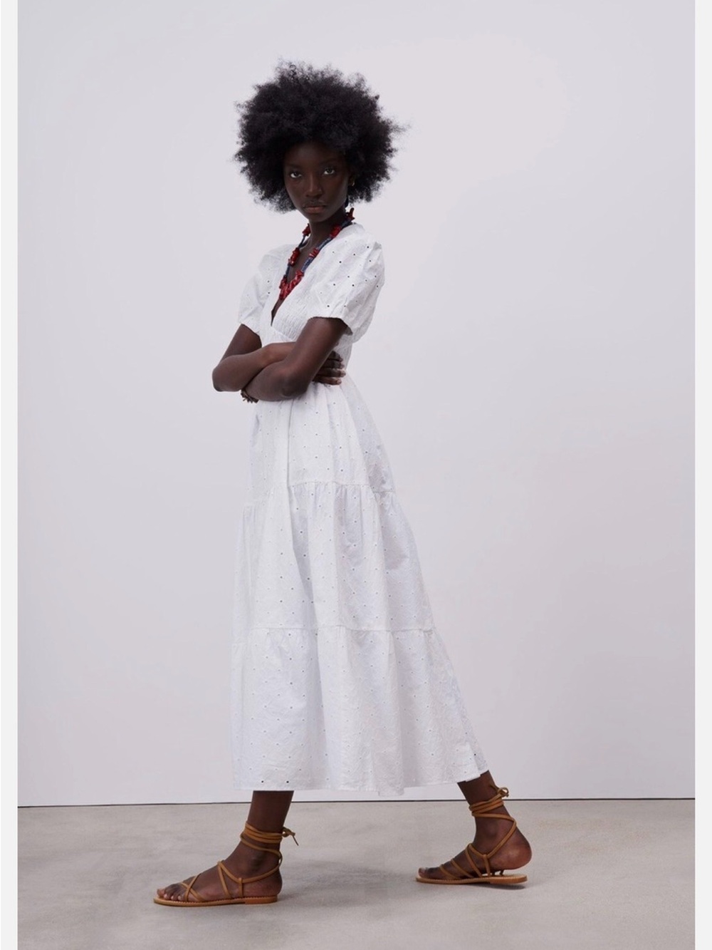 Zara White Eyelet Tiered Maxi Dress size small